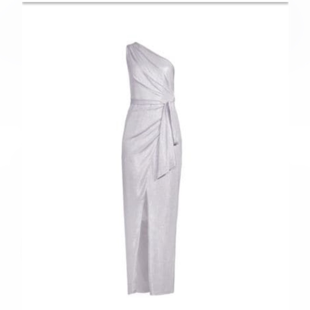 Cut in a one-shoulder this gown is complete with a tonal tie sash & front slit
